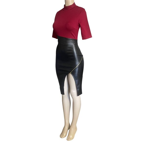 Vijo Couture Two-Tone Mock Neck Leatherette Side Slit Dress – Half Sleeve Size S - Picture 6 of 9